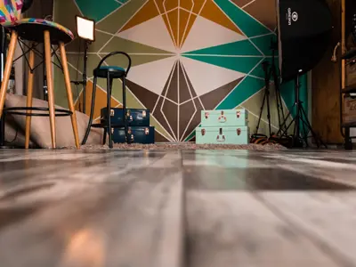 Low angle shot of restaurant interior